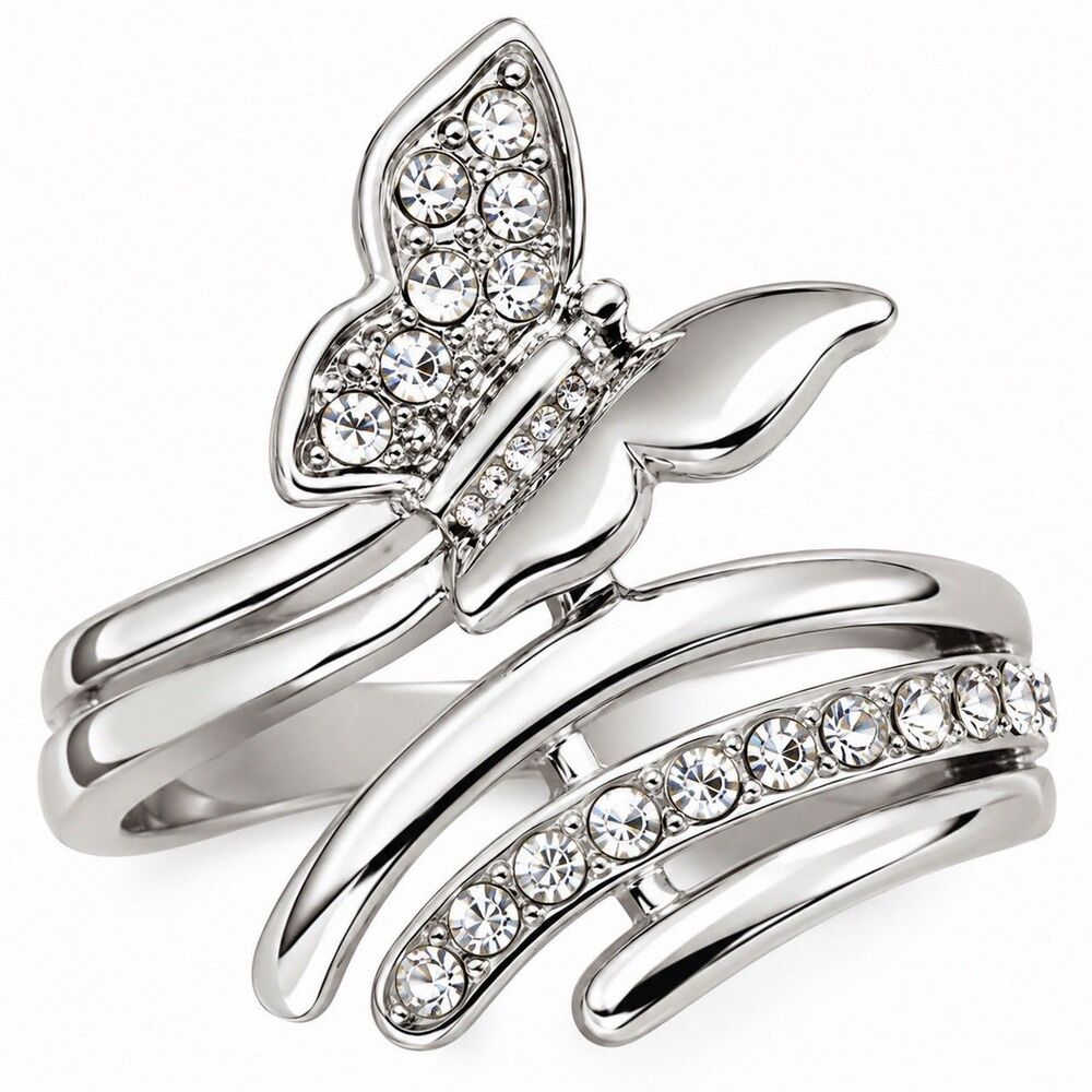 Butterfly Ring Rhodium PL Crystal Accents Open Wrap Silver Tone Nature Size 7